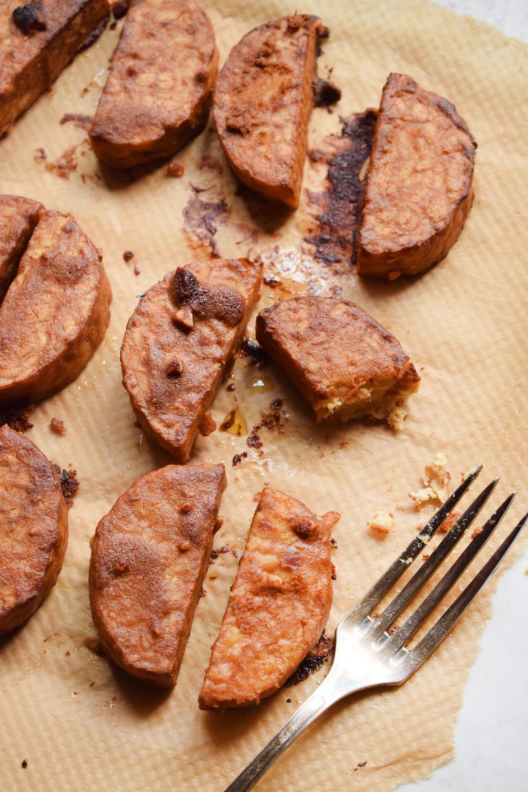 Marmite Peanut Butter Marinated Baked Tempeh Let's Eat Smart